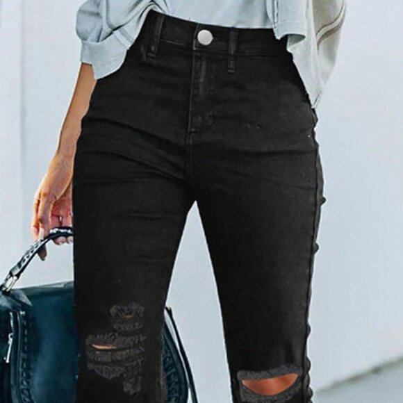 Black Preppy Womens Ripped Raw Hem Flare Leg Jeans - Picture 5 of 5